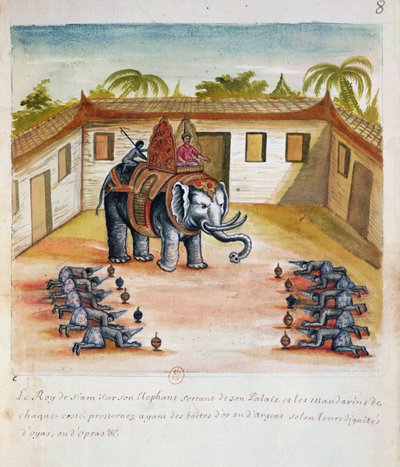 The King of Siam on his Elephant, from an account of the Jesuits in Siam, 1688 by French School