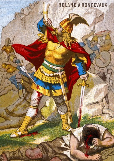 The Knight Roland at Roncesvalles sounding the olive. Roland, driving the rear guard of Charlemagne