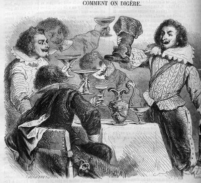 The Marquis Francois de Bassompierre (1579-1646) (marshal de Bassompierre) drinking in his cauldron boot. Engraving from 1852. by French School