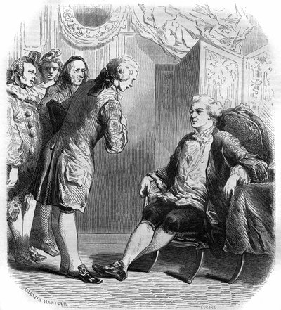 The Marquis de Puysieulx receiving Philippe Nericault Destouches and his troupe of travelling comedians. Engraving from 1858-1859. by French School