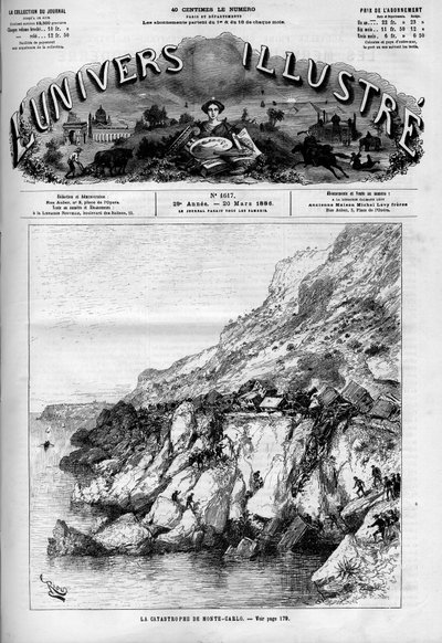 The Monte Carlo disaster: train accident on the railway line along the coast. A newspaper. Engraving in 