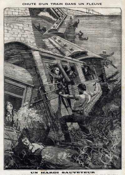 The New York Buffalo Train Falls into a River in the United States: A Man Tries to Save Passengers at Risk of Drowning. In Le Petit Parisien on 7/11/1897. Private Collection by French School
