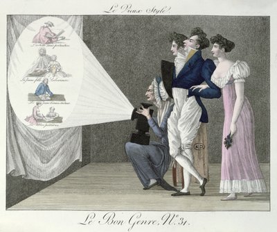 The Old Style, watching a projection of 18th century images from a magic lantern film, illustration from Le Bon Genre by French School