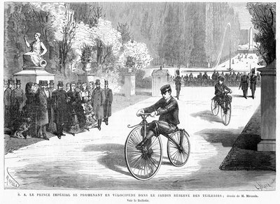 The Prince Imperial, watched by his parents, the Emperor and Empress, shows his skill in cycling on a Michaux velocipede in the Tuileries Gardens, Paris, 1869 by French School