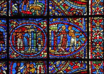 The Prodigal Son window: a courtesan throws him out by French School