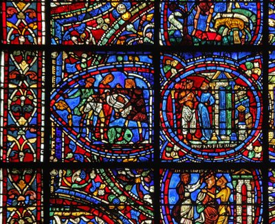 The Prodigal Son window: he is attacked; a courtesan throws him out by French School