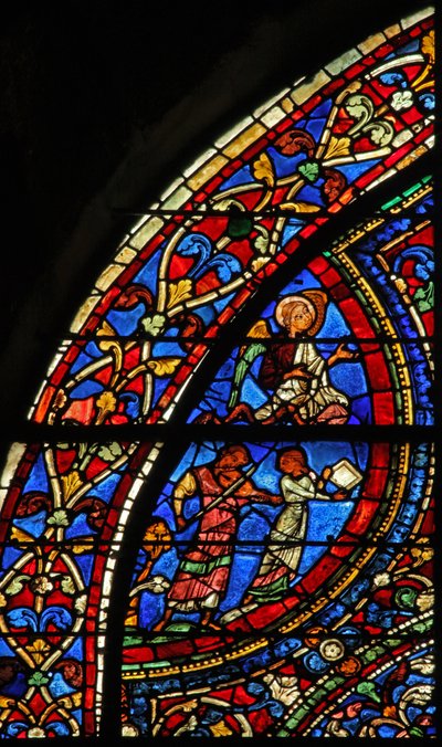 The Prodigal Son window: musicians at the feast; angel by French School