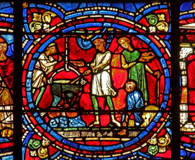 The Prodigal Son window: preparing the meal by French School