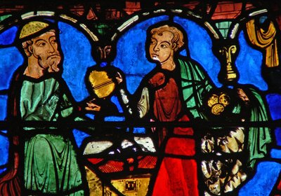The Prodigal Son window: receives his inheritance by French School