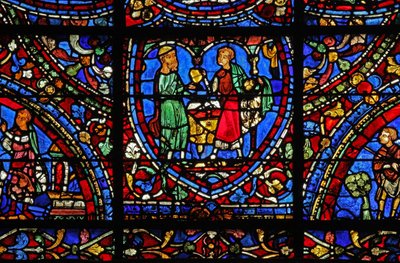 The Prodigal Son window: receives his inheritance by French School