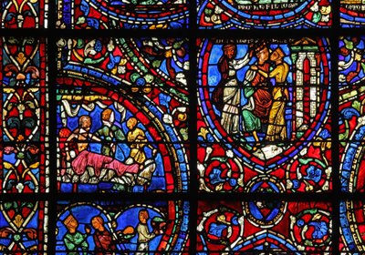 The Prodigal Son window: visited in bed; women fete him by French School