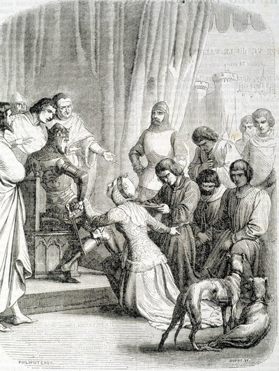 The Queen of England (Philippa de Hainaut) asks thanks to her husband Edward III for the inhabitants of Calais (episode of the 6 bourgeois of Calais) by French School