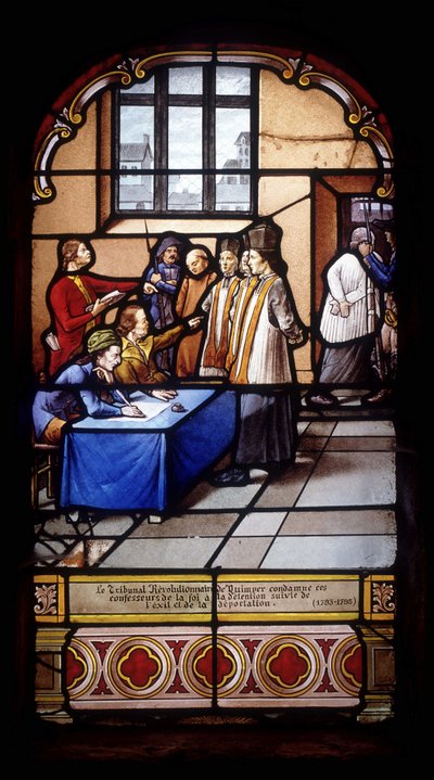 The Revolutionary Court of Quimper condemns these confessors of faith to detention followed by exile and deportation (1793-95) - stained glass windows of St Germain Church in Kerlaz by French School