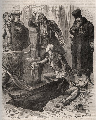 The Russian Emperor Peter III (1728-1762), assigned a residence, was assassinated by order of his wife Catherine II, who had just overthrown him and took power, by Alexei Orlov (1737-1808) and his guards on 17 July 1762. Engraving from 1871 in 