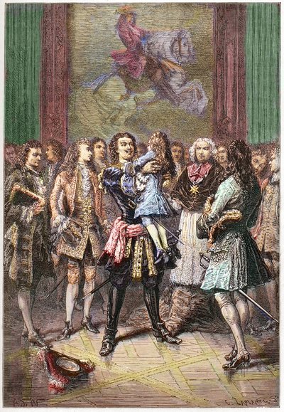 The Russian tsar Peter I the Great holding King Louis XV in his arms in Versailles in 1717 by French School