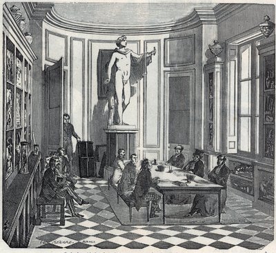 The School of Medicine of Paris - an exam in the instrument room - Engraving in 