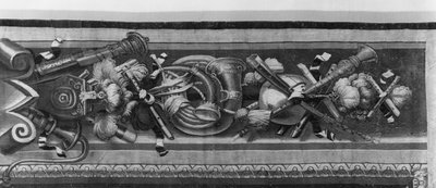 The Seasons tapestry, border, music instruments, Gobelins Factory (detail) by French School