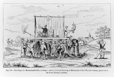 The Stage of a Mountebank Seller of Drugs (illustration from Science and Literature in the Middle Ages and the Renaissance) by French School