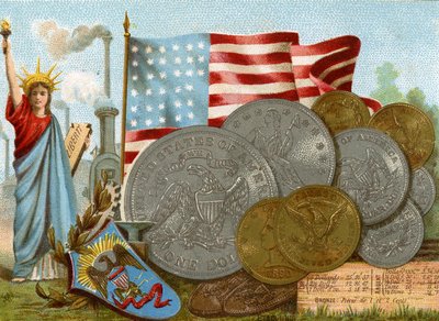 The Statue of Liberty beside a factory chimney, the American flag and a display of dollars, c.1890 by French School
