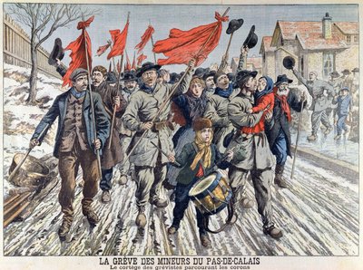 The Strike of miners in Pas-de-Calais, the procession of the strikers in the mining village, from Le Petit Journal, 1st April 1906 by French School