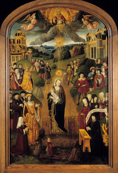 The Virgin with Wheat King Louis XII (1462-1515) and Pope Alexander VI (1431-1503) are present. Almighty God holding the Globe blessed the scene while the Holy Spirit protected the Virgin and the Child by French School