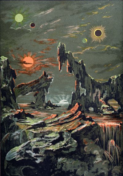 The World of Four Moons and Four Suns, illustration from LAstronomie Populaire written by Camille Flammarion by French School