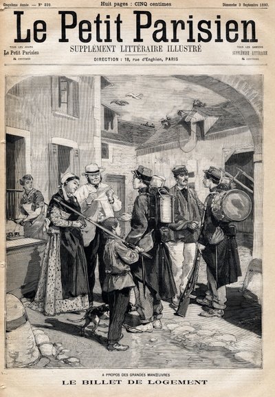 The accommodation ticket, which entitles a bed and a candle, distributes to the soldiers after their exercises and large manoeuvres. In Le Petit Parisien on 3/09/1893 (engraving) by French School