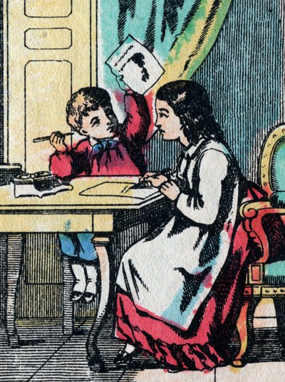 The activities for girls from good families: helping a little brother in his homework - Epinal picture - 19th century by French School