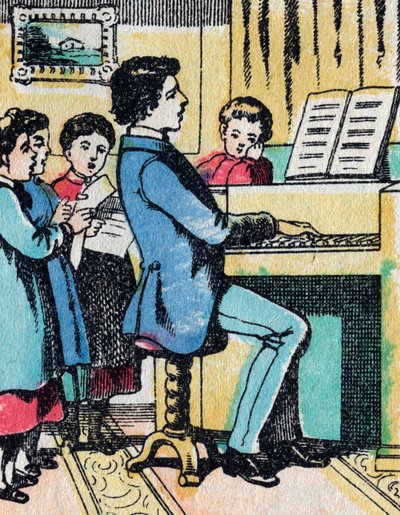 The activities for girls from good families: learning of music - Epinal picture - 19th century by French School