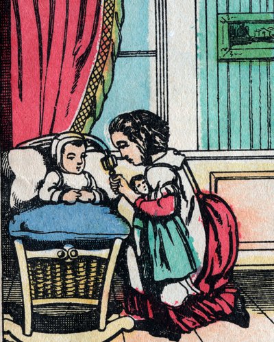 The Activities for Girls from Good Families: Learning to Care for Babies - Epinal Picture by French School