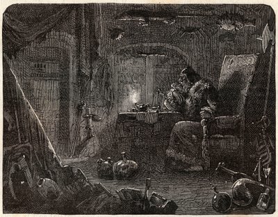 The alchemist, having promised to make gold, works in his laboratory: the Alchemist in the 17th century - in Paris a travers les cules by Nicolas Jules Henri Gourdon de Kennouillac (1826-1898). by French School