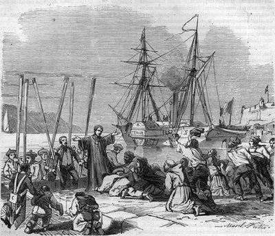 The arrival of Pope Pius IX (Pius IX or Pio IX), whose name was Giovanni Maria Mastai Ferretti (1792-1878) in Civita Vecchia on the Tenare River. Engraving in 