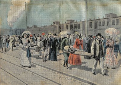 The arrival of a train of the sick at the station of Lourdes, where the stretchers transport them directly to the miraculous cave and the Ladies of the Association Notre-Dame de Salvation and the Little Sisters of the Assumption watch with devotion on them by French School