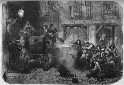 The assassination of Juan Prim y Prats, Spanish general and politician, at his exit from the Cortes, in the street del Turco in Madrid on 28 December 1870. Engraving in Le Monde Illustré n°724 of 25 February 1871. by French School