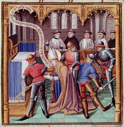 The assassination of Thomas Becket in 1170 (Assassination of Saint Thomas of Canterbury). Miniature taken from 