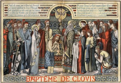 The baptism of Clovis 1st in Reims, December 25, 496. illustration by MALATESTA in Le Pelerin of August 23 by French School