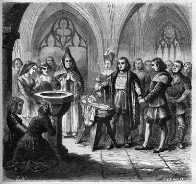 The baptism of John Ango (1488-1551), future navigator, in the Church of Saint Remi in Dieppe. Engraving from 1865-1866 by French School
