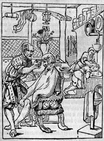 The Barber Shop in the 16th Century, the Hairdresser Takes Care of a Client
