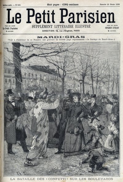 The Battle of Confetti on the Parisian Boulevard During Mardi Gras. Engraving in 