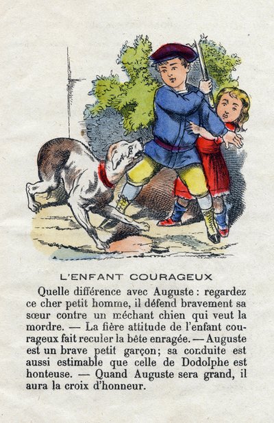The brave child. A child defends his sister against a dog. Little boys alphabet. Abecedary has moral value containing reading exercises. Epinal imaging by French School