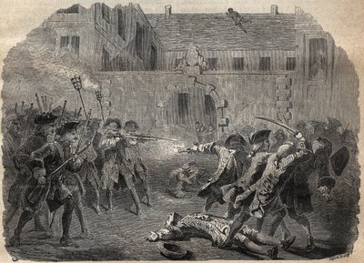 The brigand Louis Dominique Garthausen called Cartridge (1693-1721) and his companions going to despoil the Hotel Desmaretz in Paris, are surprised and attacked by the archers after a fierce fight, they flee through the roofs - French brigand Louis Domini by French School