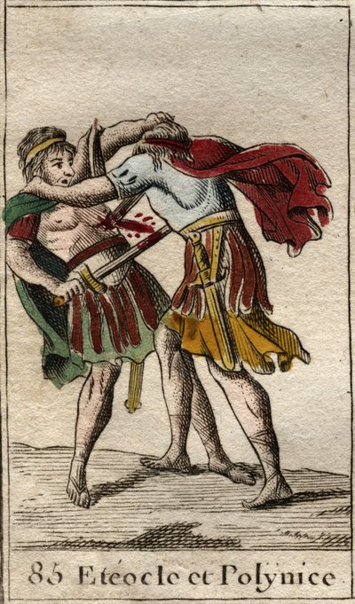 The brothers Eteocles and Polynices, sons of Oedipus, killing each other. From “Mythology of Youth” by Pierre Blanchard 1803. by French School