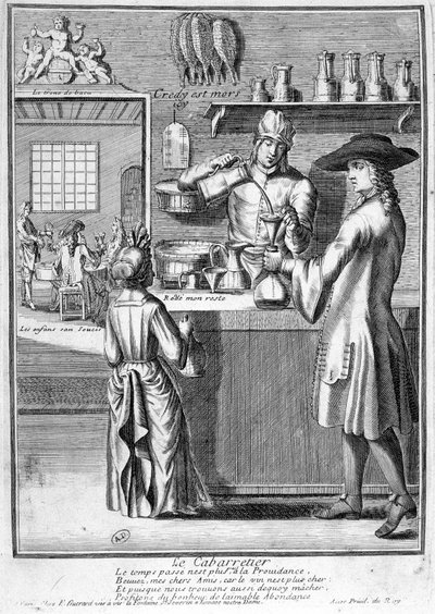 The cabaretier preparing the wine decanter - engraving by French School
