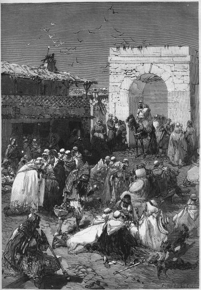 The caids and djemmas of the circle of Saida in Algeria bring to the Arab office their gifts intended to redeem the French departments occupied by Germany since the end of the War of 1870. Engraving in 