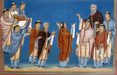 The canons of Saint Martin of Tours offering King Charles II called the Bald a Bible written in their abbey by French School