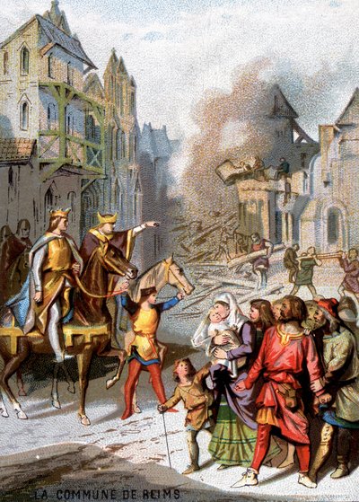 The commune of Reims (1160) - Reprisals of Louis VII to destroy the communal freedoms of the bourgeois of Reims. Chromolithography of the Series Patriotic Education through Image by French School