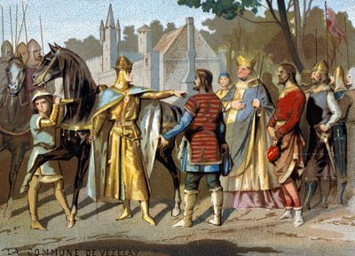 The commune of Vezelay (1153): the Abbe Pons, the Count of Nevers and the magistrates of Vezelay before Louis VII in Moret, near the forest of Fontainebleau, dedicating the disappearance of the commune. Chromolithography of the Series 