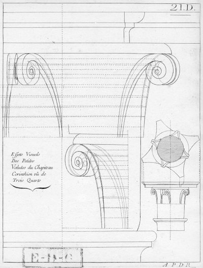 The corinthian capital, illustration from a book on geometry, 18th or 19th century, published Avec Privilege du Roy et E.. du Gouvernement by French School