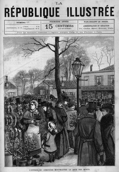 The crowd in front of the entrance to the Montmartre cemetery in Paris on the day of the dead (Toussaint). A newspaper. Engraving from 1880 in 