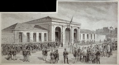 The crowd in front of the morgue in Paris in 1886 by French School